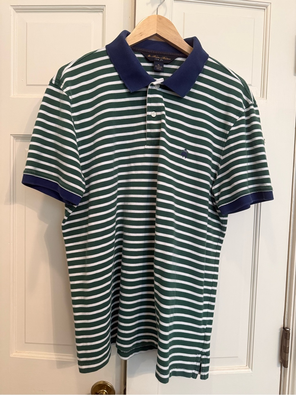 Brooks Brothers Green & White Striped Polo with Navy Trim
